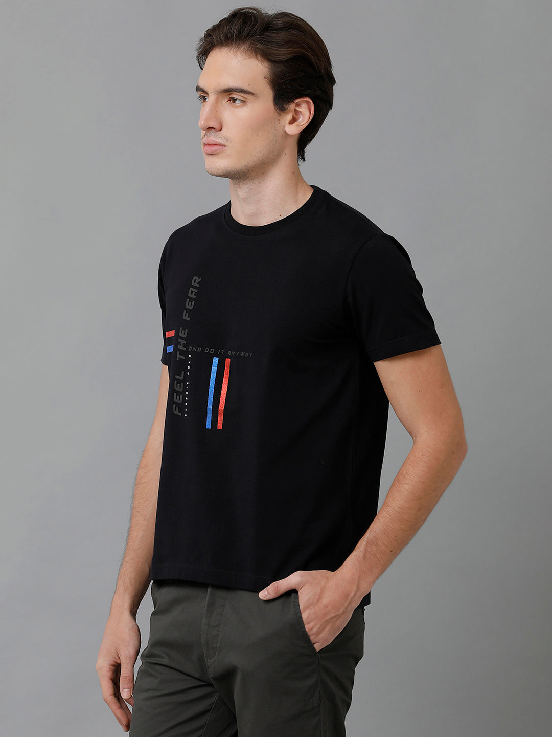 Classic Polo Men's Cotton Printed Half Sleeve Slim Fit Round Neck Black Color T-Shirt | Baleno - 494 A