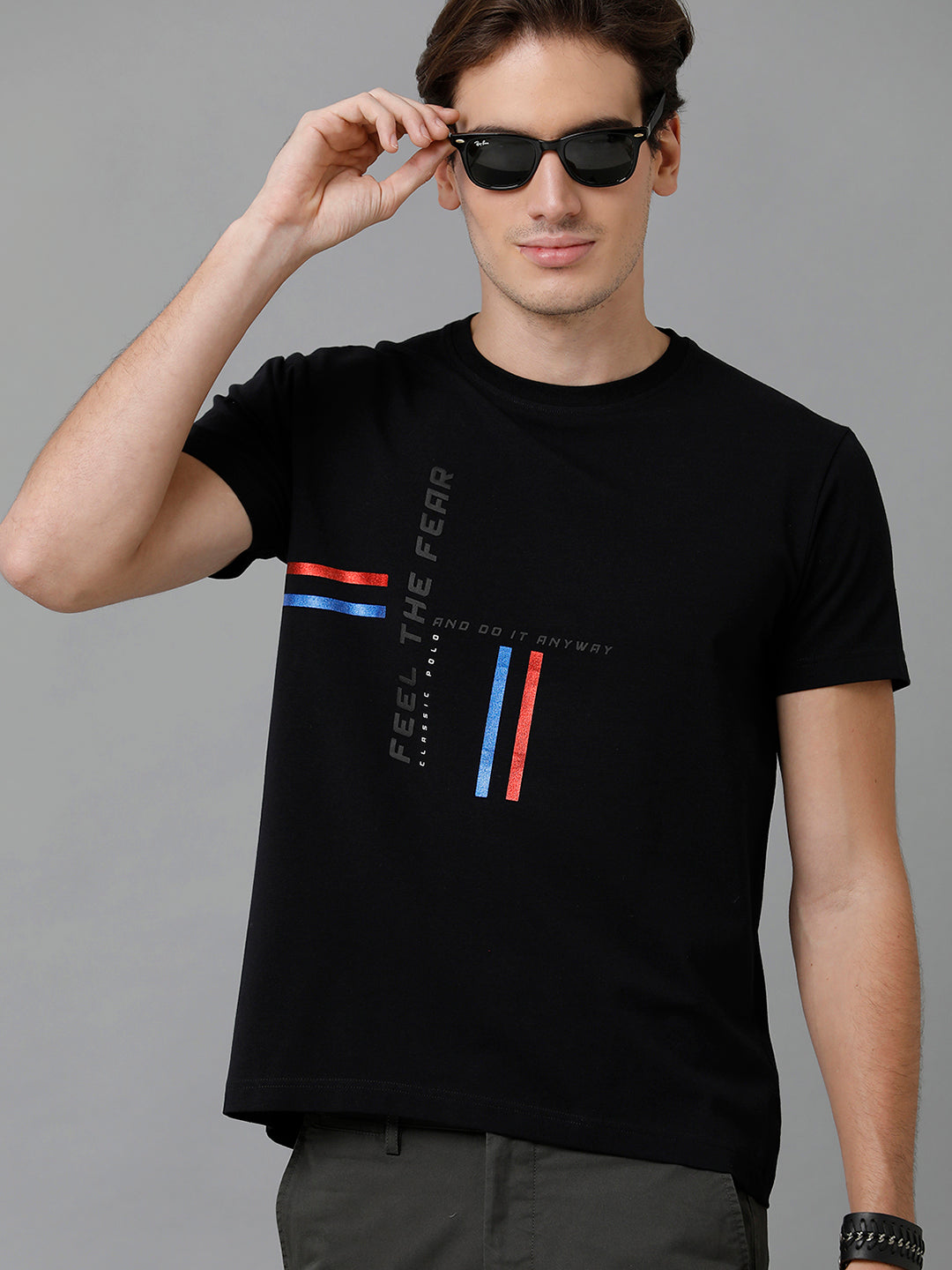 Classic Polo Men's Cotton Printed Half Sleeve Slim Fit Round Neck Black Color T-Shirt | Baleno - 494 A