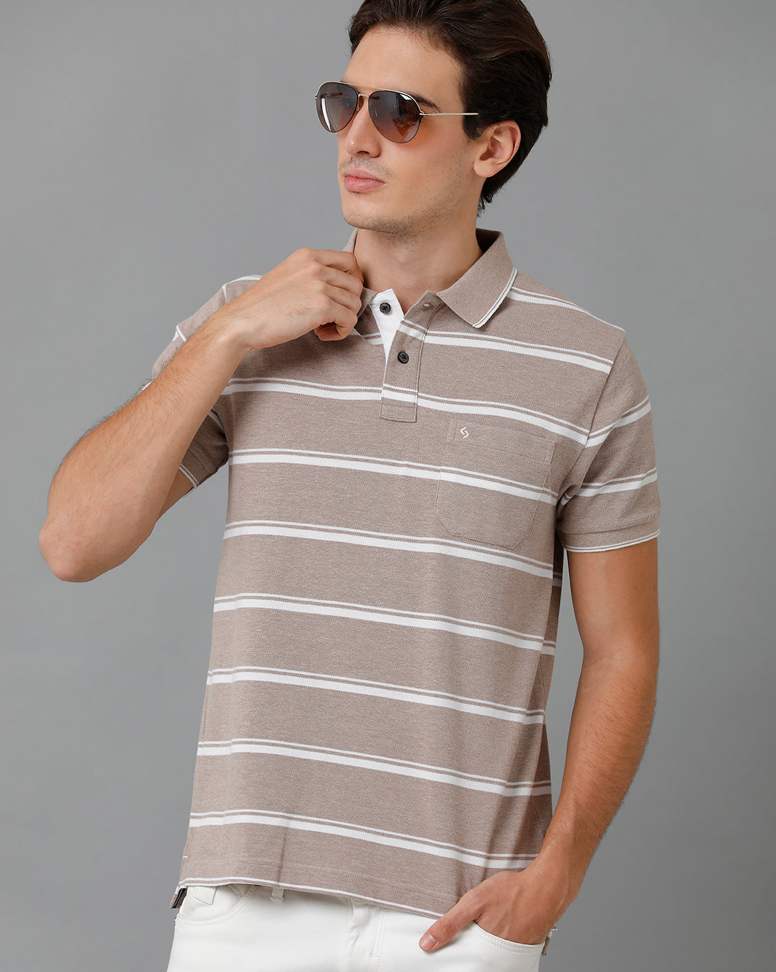 Classic Polo Men's Cotton Blend Half Sleeve Striped Slim Fit Polo Neck Brown Color T-Shirt | Adore - 194 A