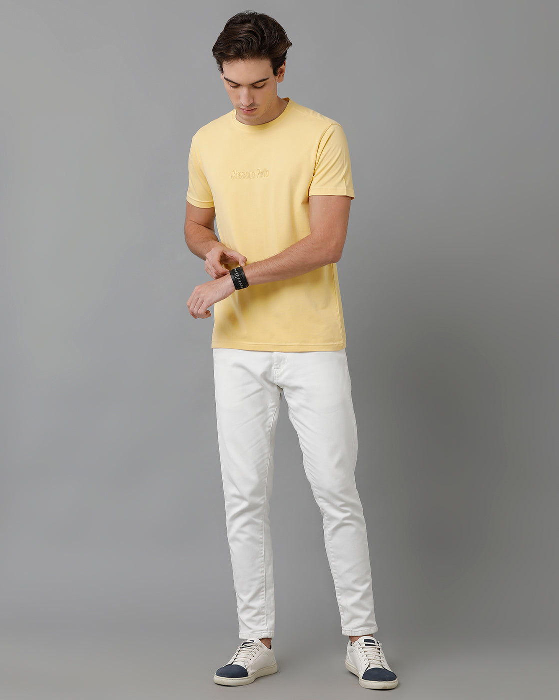 Classic Polo Men's Cotton Half Sleeve Solid Slim Fit Round Neck Yellow Color T-Shirt | Baleno - 507 B