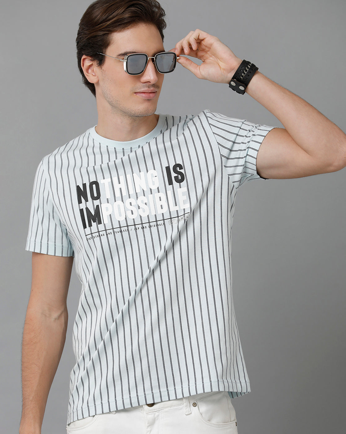 CP BRO Men's Cotton Half Sleeve Striped Slim Fit Round Neck White Color T-Shirt | Brcn - 522 A