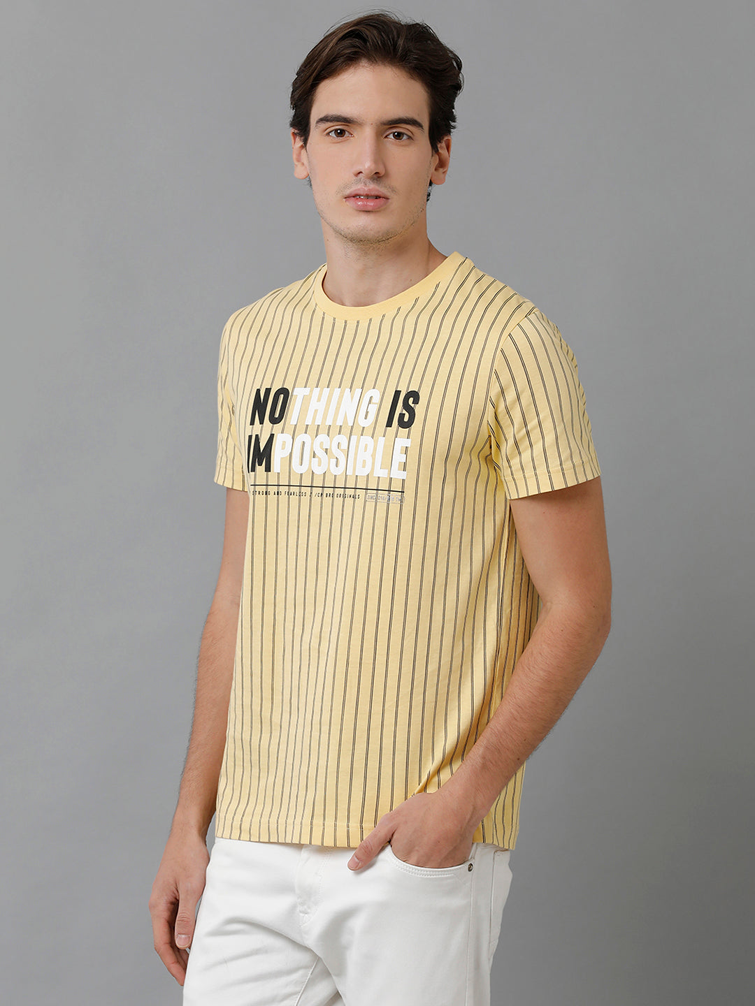 CP BRO Men's Cotton Printed Half Sleeve Slim Fit Round Neck Yellow Color T-Shirt | Brcn - 522 B