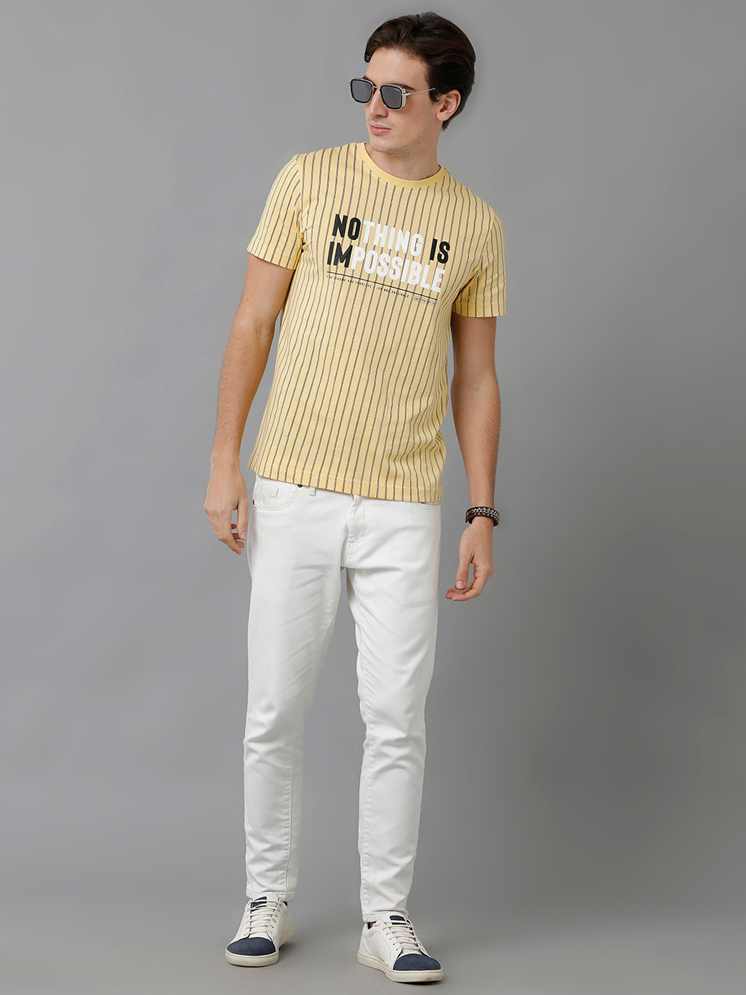 CP BRO Men's Cotton Printed Half Sleeve Slim Fit Round Neck Yellow Color T-Shirt | Brcn - 522 B