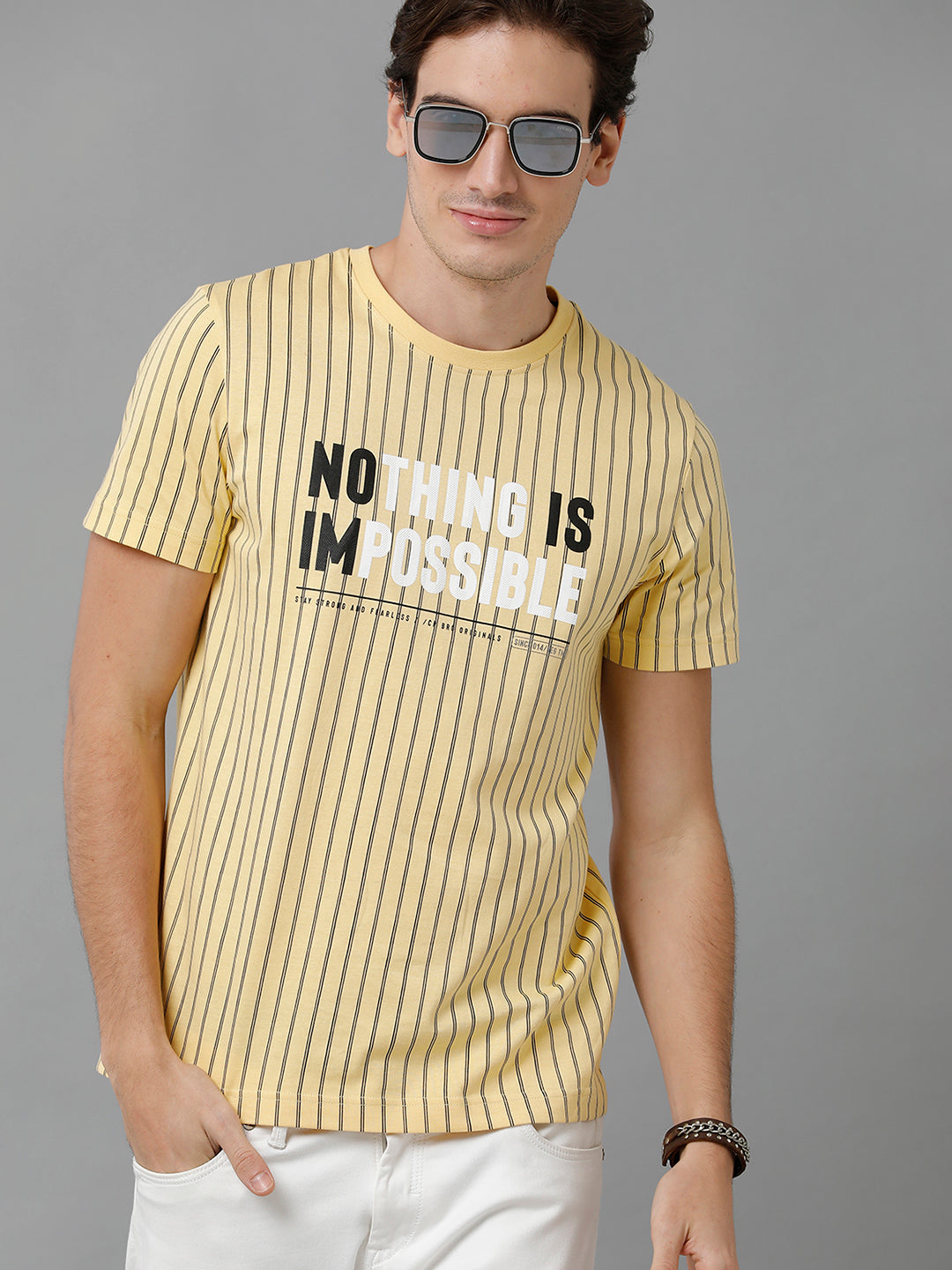 CP BRO Men's Cotton Printed Half Sleeve Slim Fit Round Neck Yellow Color T-Shirt | Brcn - 522 B