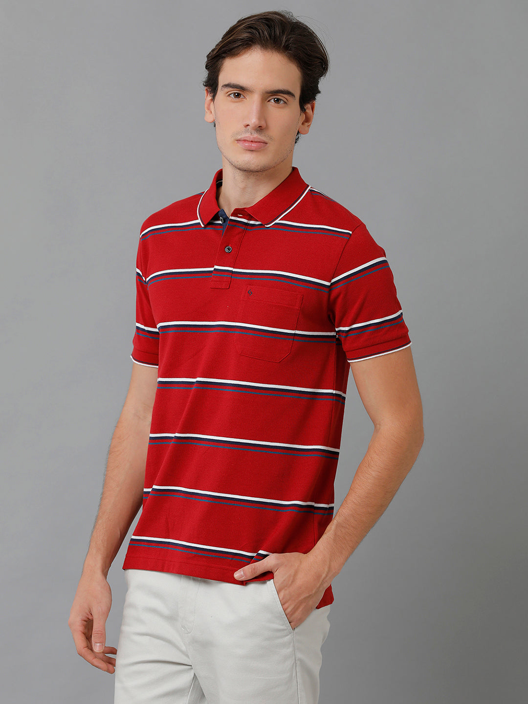 Classic Polo Men's Cotton Blend Striped Half Sleeve Slim Fit Polo Neck Red Color T-Shirt | Adore - 191 B