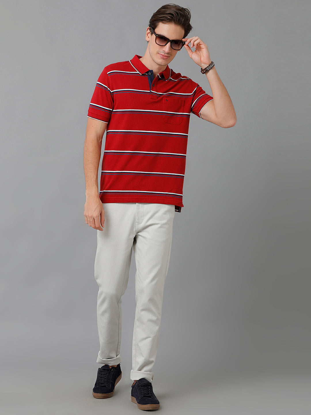 Classic Polo Men's Cotton Blend Striped Half Sleeve Slim Fit Polo Neck Red Color T-Shirt | Adore - 191 B