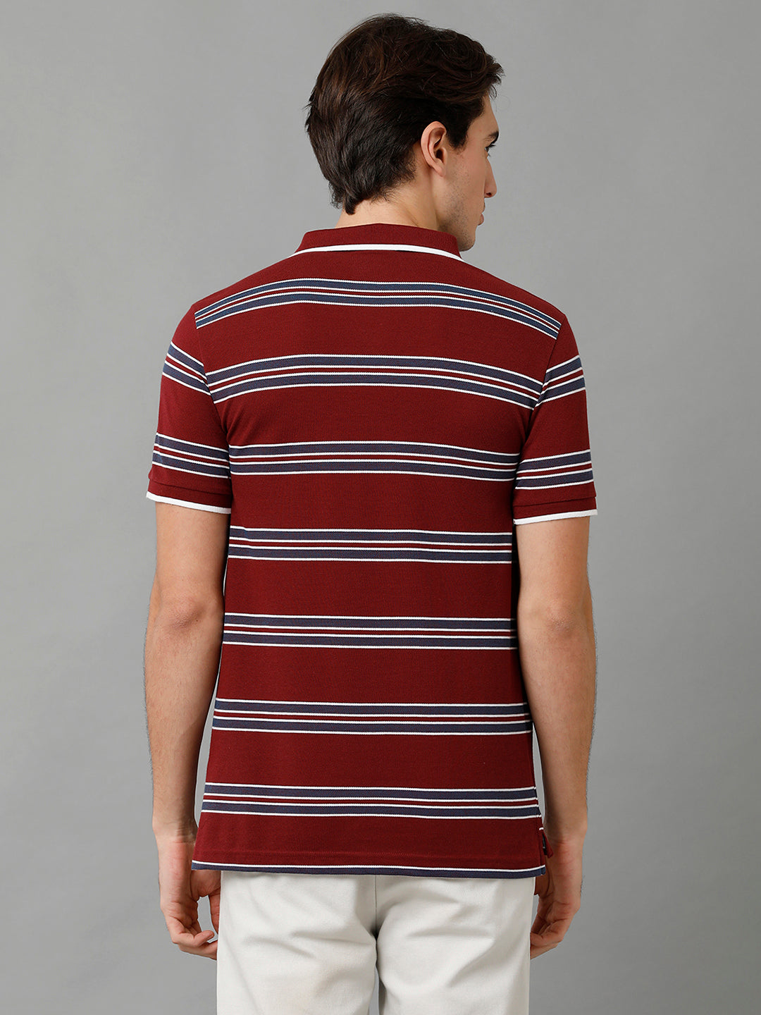 Classic Polo Men's Cotton Blend Striped Half Sleeve Slim Fit Polo Neck Maroon Color T-Shirt | Adore - 195 A