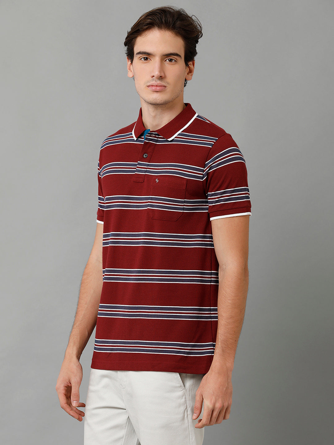 Classic Polo Men's Cotton Blend Striped Half Sleeve Slim Fit Polo Neck Maroon Color T-Shirt | Adore - 195 A