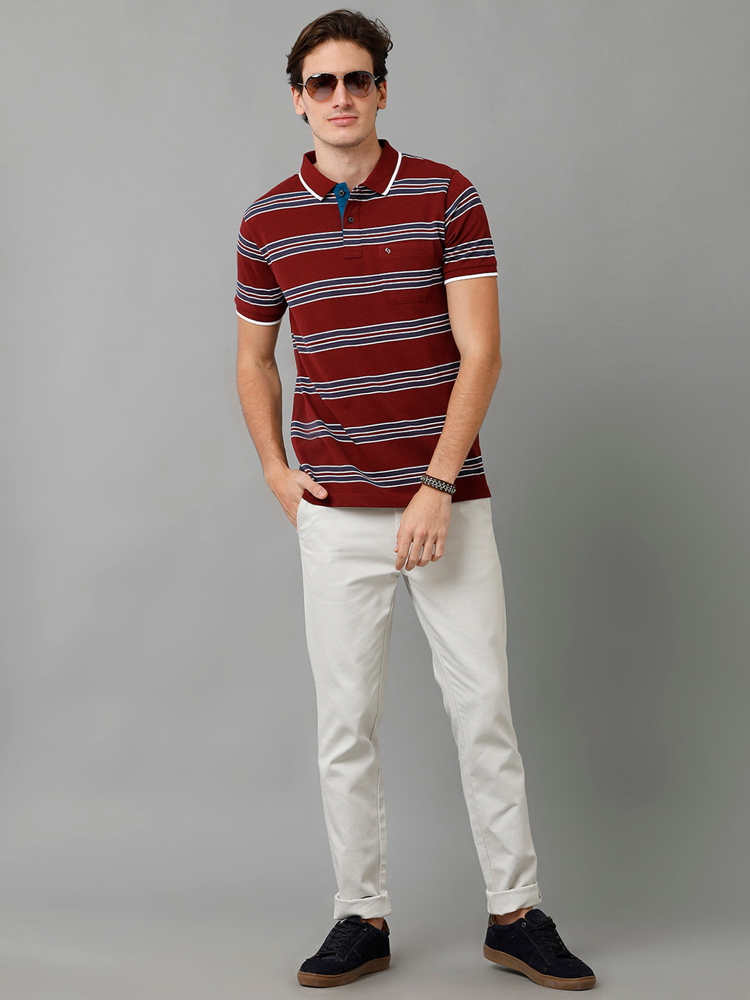 Classic Polo Men's Cotton Blend Striped Half Sleeve Slim Fit Polo Neck Maroon Color T-Shirt | Adore - 195 A