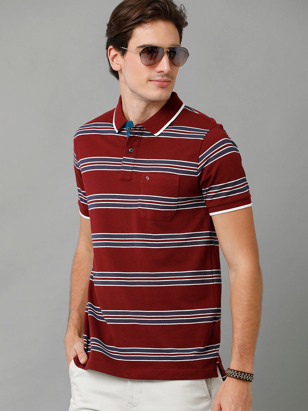 Classic Polo Men's Cotton Blend Striped Half Sleeve Slim Fit Polo Neck Maroon Color T-Shirt | Adore - 195 A