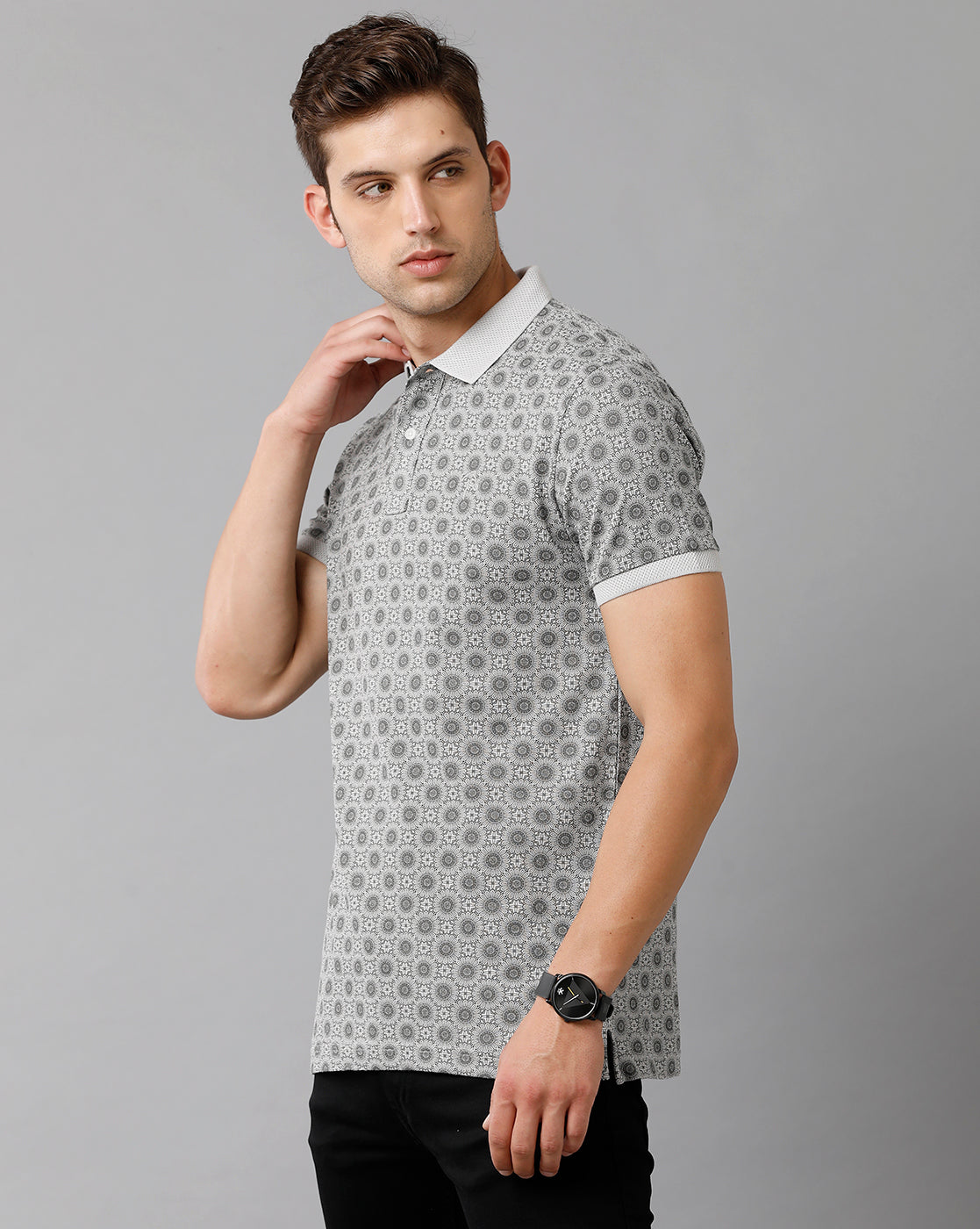CP BRO Men's Cotton Printed Half Sleeve Slim Fit Polo Neck Grey Color T-Shirt | Brp 344 A