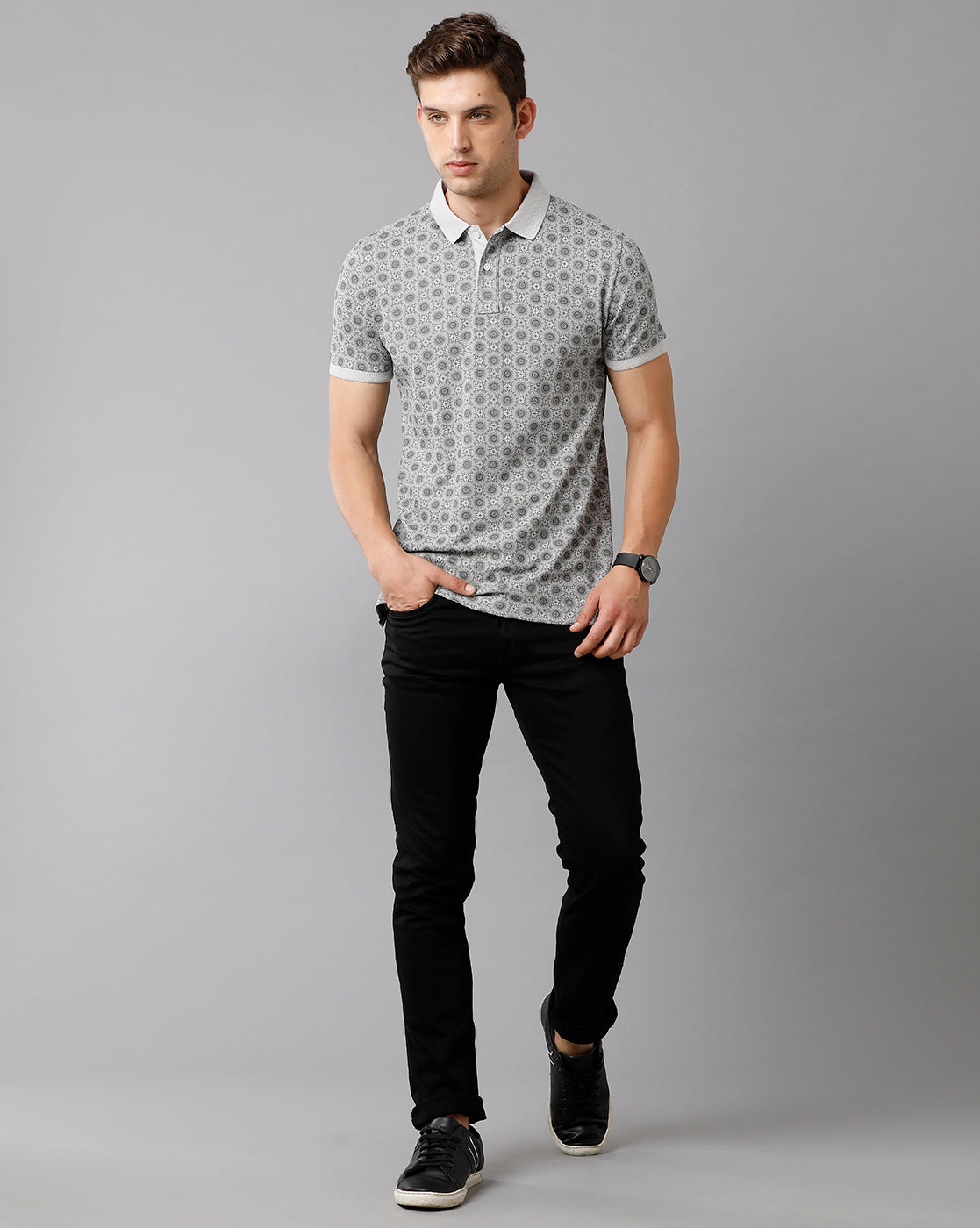 CP BRO Men's Cotton Printed Half Sleeve Slim Fit Polo Neck Grey Color T-Shirt | Brp 344 A