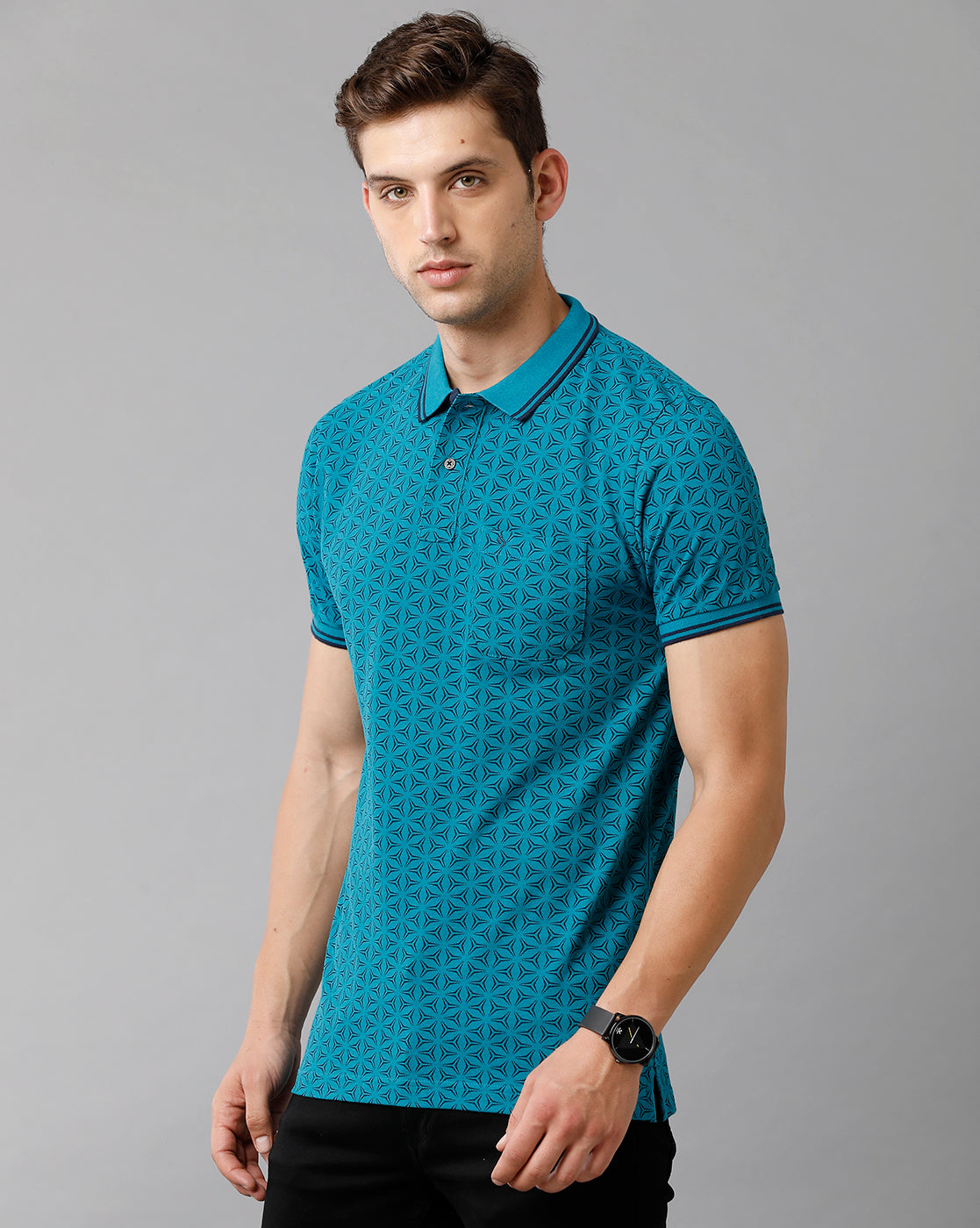 Classic Polo Mens Cotton Printed Half Sleeve Slim Fit Polo Neck Blue Color T-Shirt | Beau 179 B