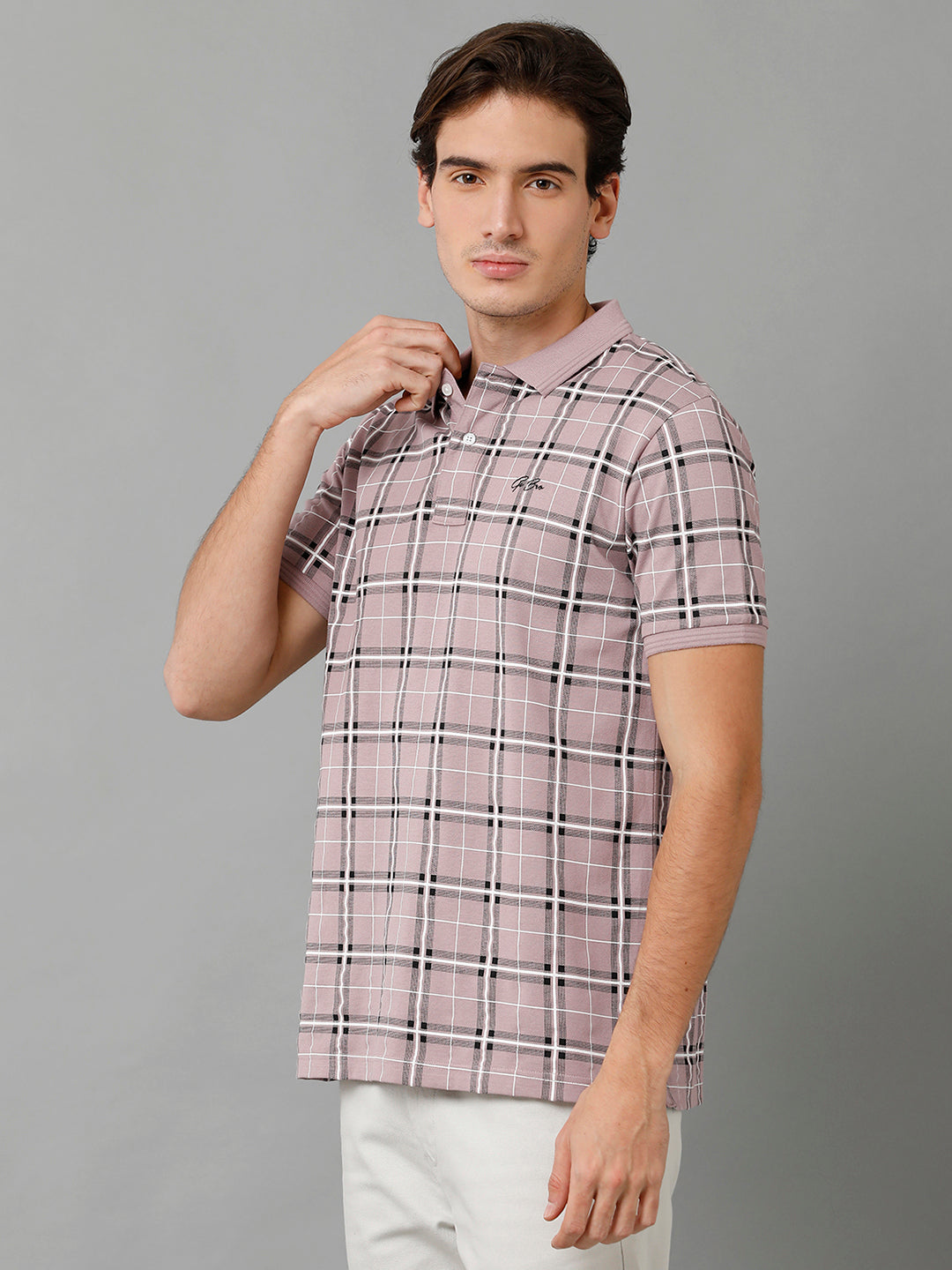 CP BRO Men's Cotton Checked Half Sleeve Slim Fit Polo Neck Grey Color T-Shirt | Brp - 353 A