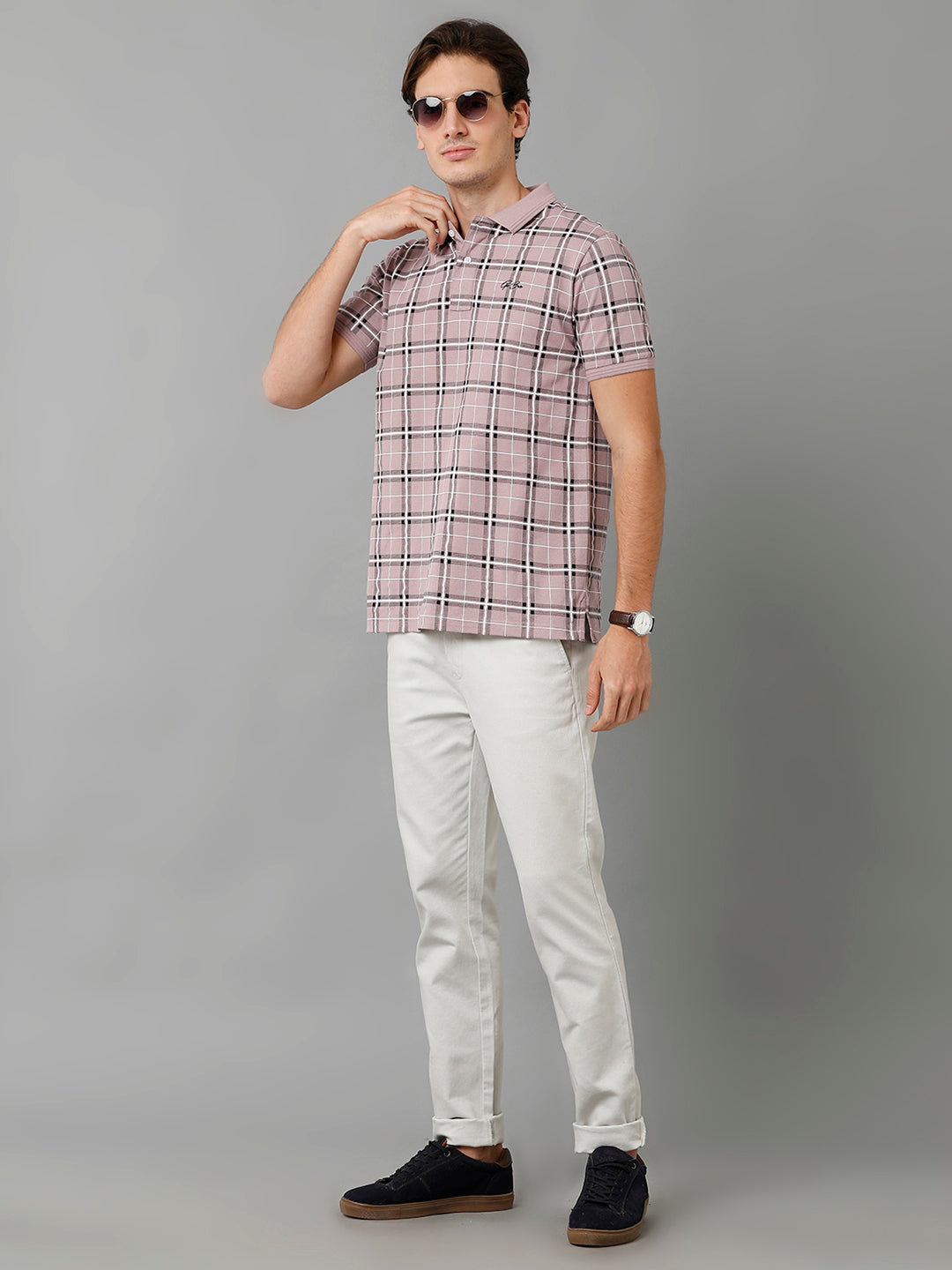 CP BRO Men's Cotton Checked Half Sleeve Slim Fit Polo Neck Grey Color T-Shirt | Brp - 353 A