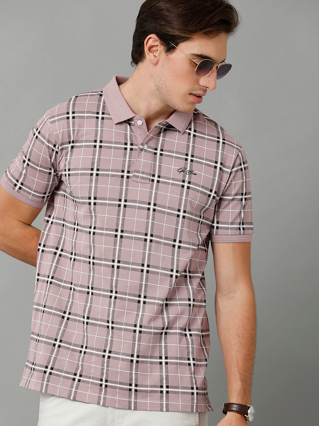 CP BRO Men's Cotton Checked Half Sleeve Slim Fit Polo Neck Grey Color T-Shirt | Brp - 353 A