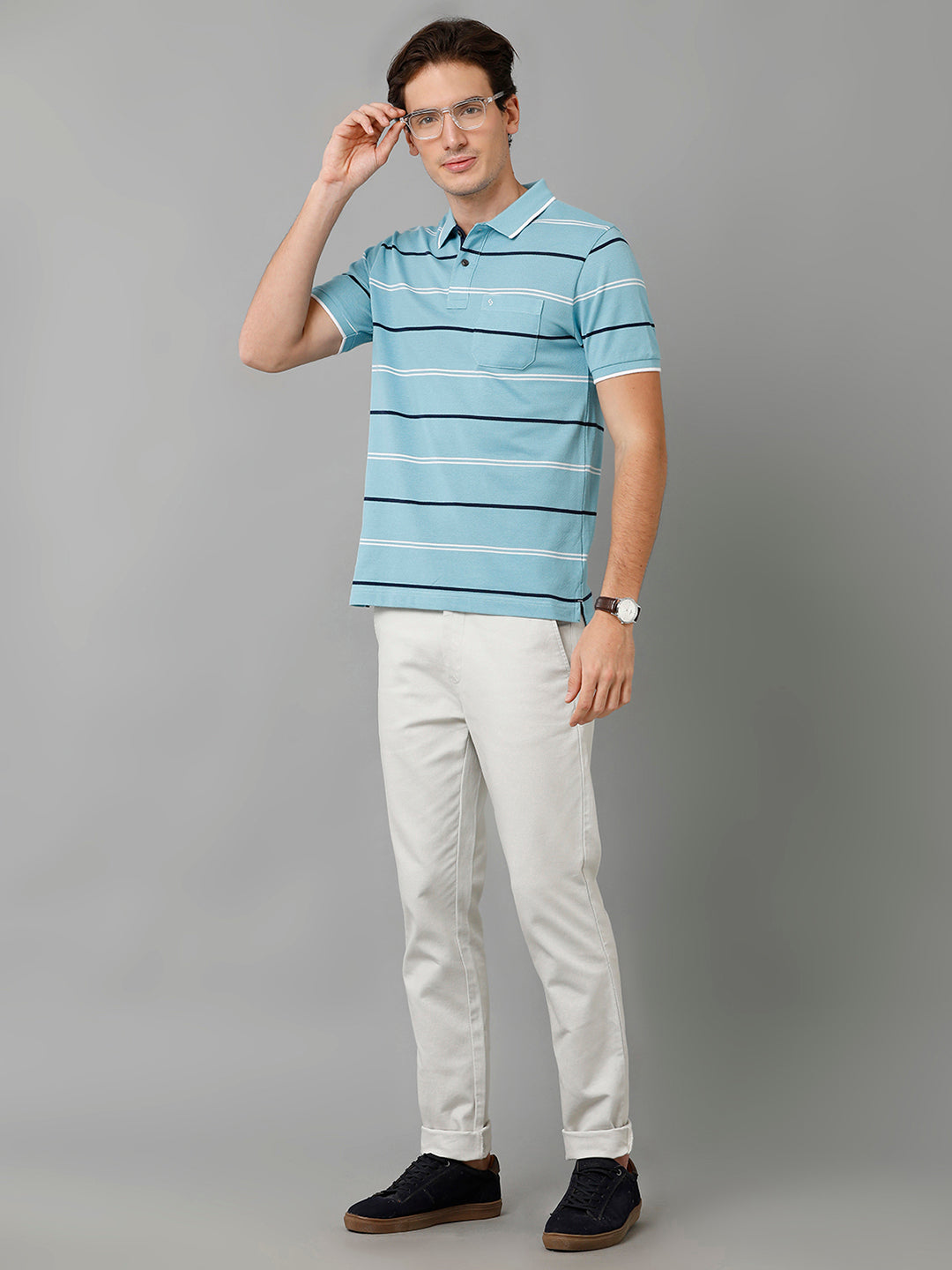 Classic Polo Men's Cotton Blend Striped Half Sleeve Slim Fit Polo Neck Blue Color T-Shirt | Adore - 196 B