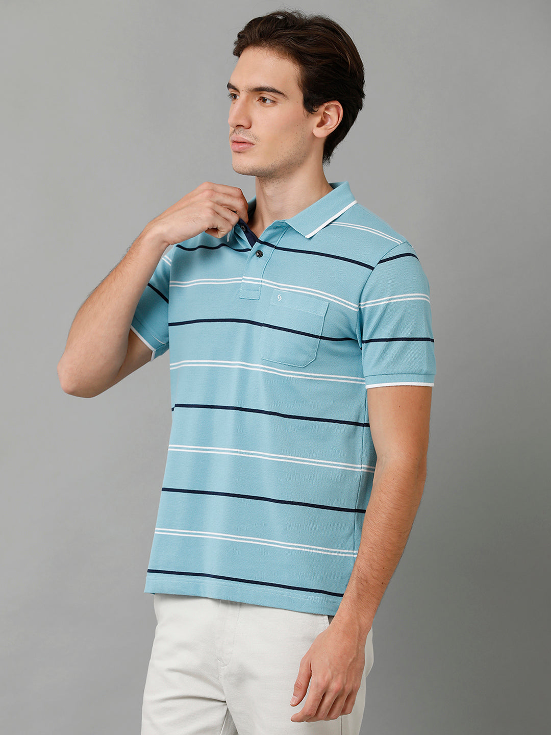 Classic Polo Men's Cotton Blend Striped Half Sleeve Slim Fit Polo Neck Blue Color T-Shirt | Adore - 196 B