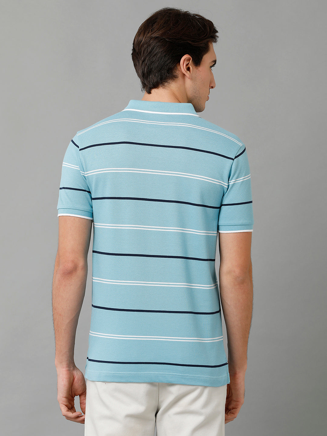 Classic Polo Men's Cotton Blend Striped Half Sleeve Slim Fit Polo Neck Blue Color T-Shirt | Adore - 196 B