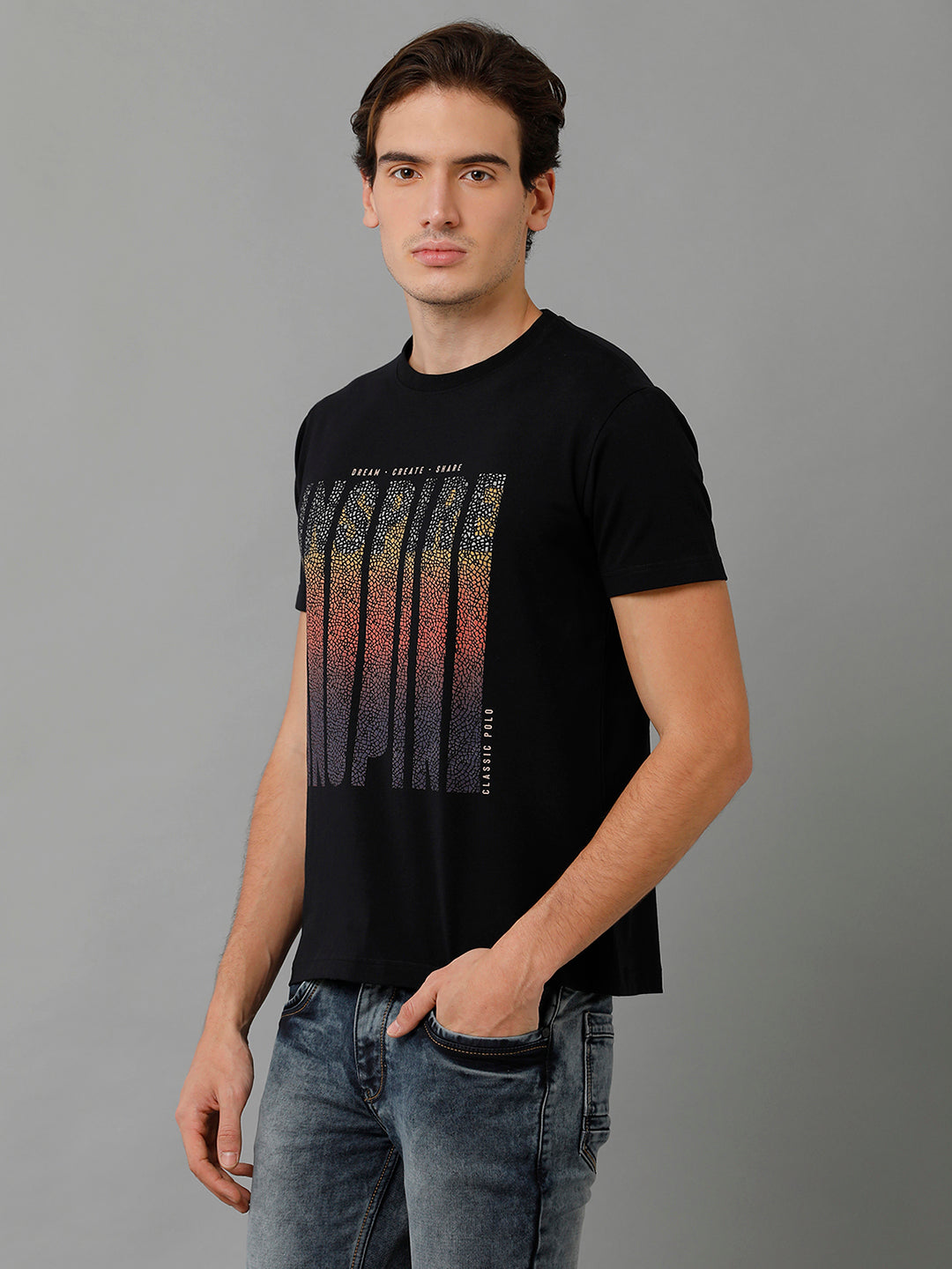 Classic Polo Men's Cotton Printed Half Sleeve Slim Fit Round Neck Black Color T-Shirt | Baleno - 495 A