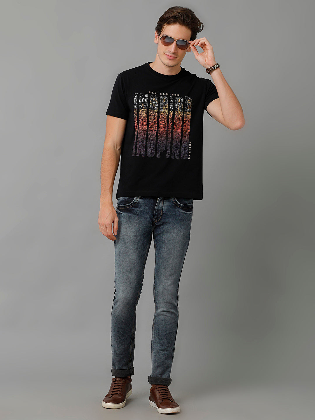 Classic Polo Men's Cotton Printed Half Sleeve Slim Fit Round Neck Black Color T-Shirt | Baleno - 495 A