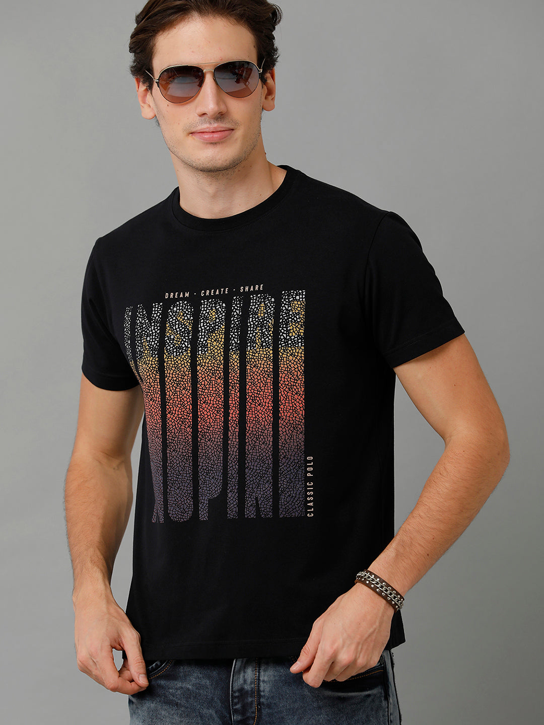 Classic Polo Men's Cotton Printed Half Sleeve Slim Fit Round Neck Black Color T-Shirt | Baleno - 495 A
