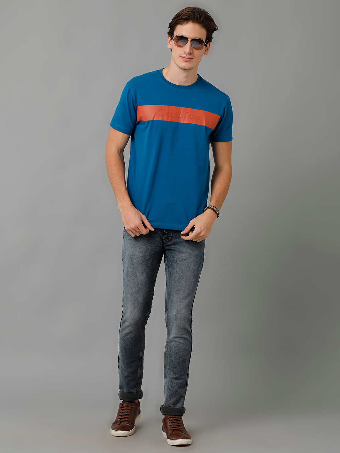 Classic Polo Men's Cotton Printed Half Sleeve Slim Fit Round Neck Navy Blue Color T-Shirt | Baleno - 508 B