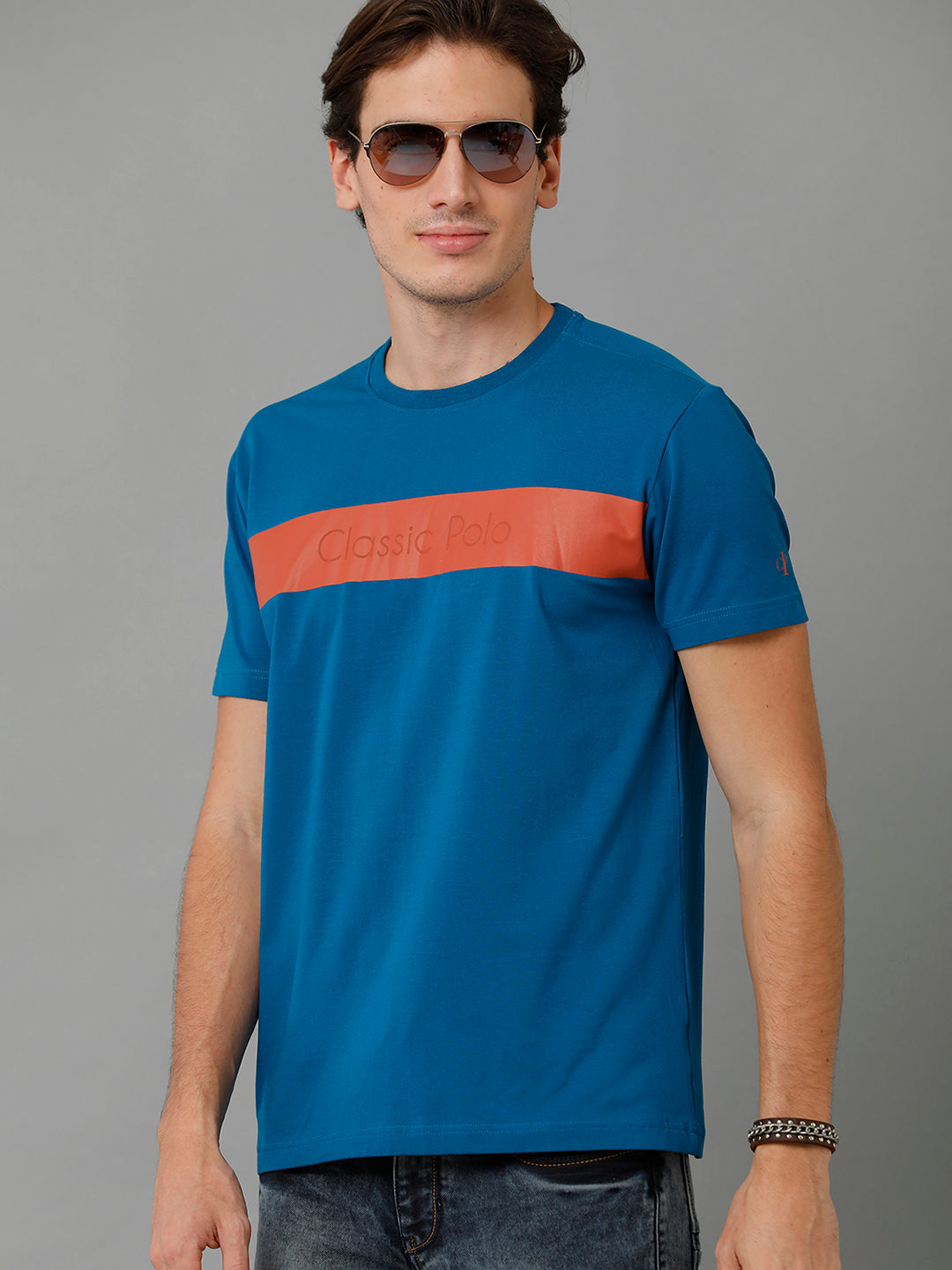 Classic Polo Men's Cotton Printed Half Sleeve Slim Fit Round Neck Navy Blue Color T-Shirt | Baleno - 508 B
