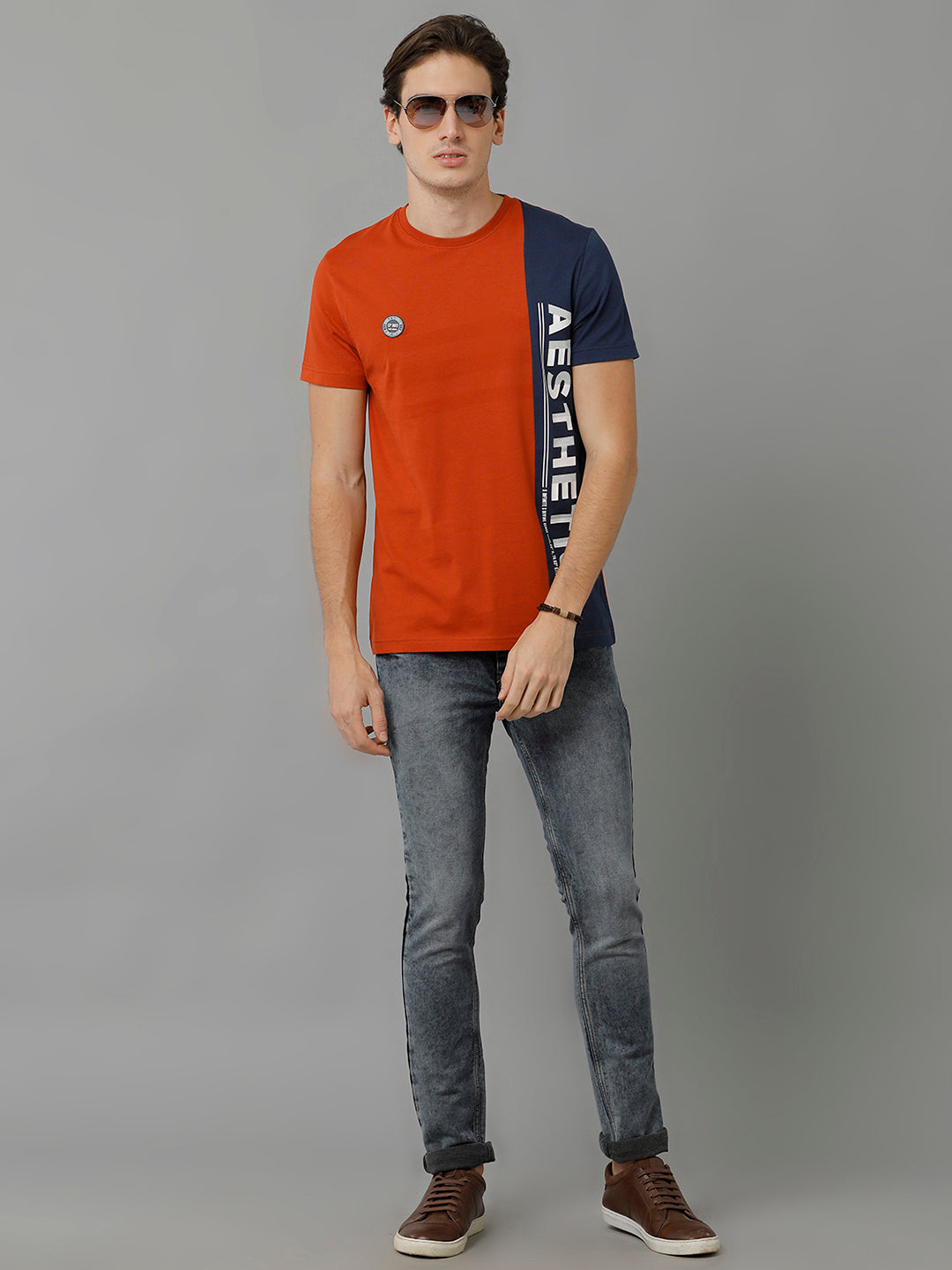 CP BRO Men's Cotton Color Block Half Sleeve Slim Fit Round Neck Multicolor T-Shirt | Brcn - 515 A