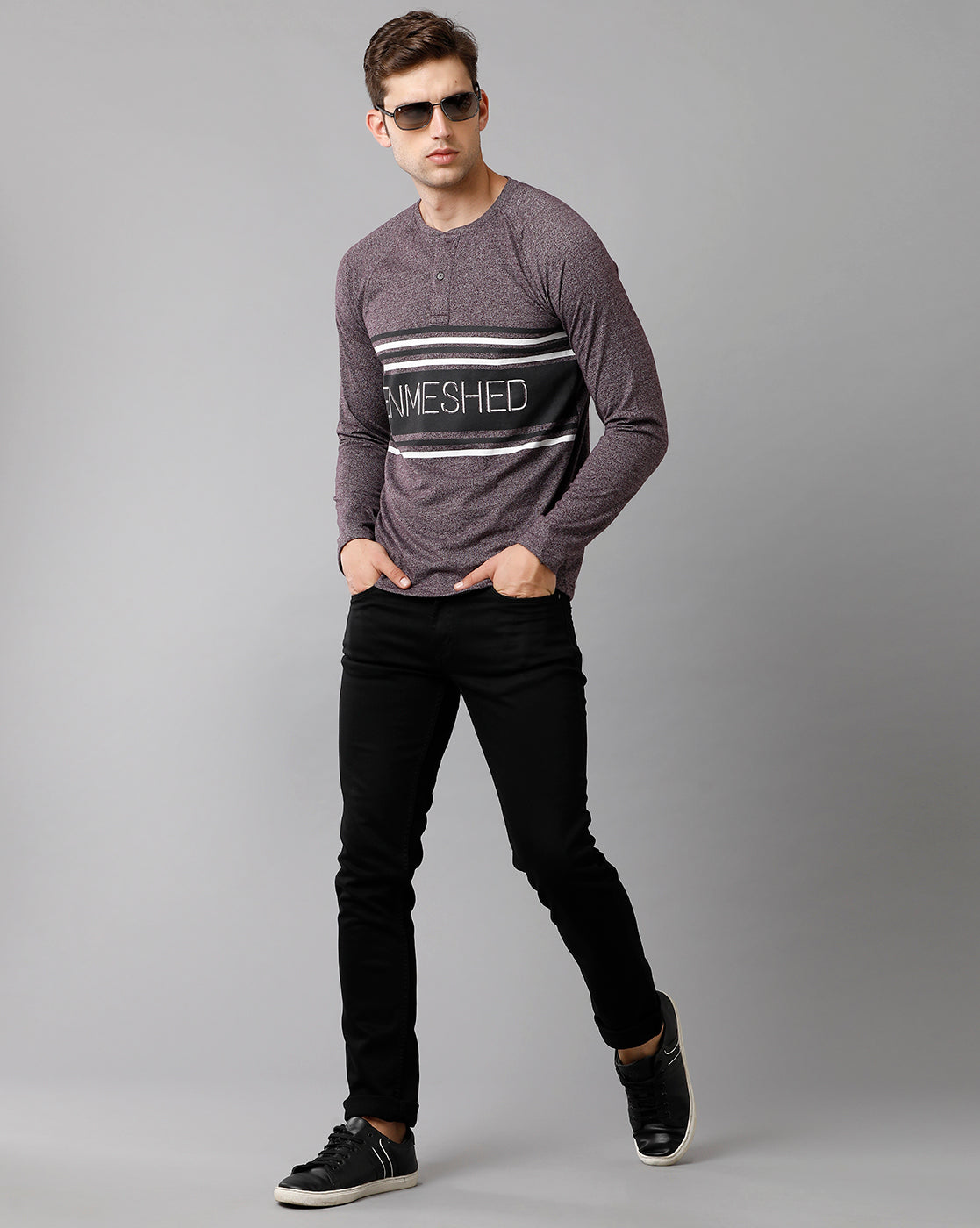 Classic Polo Mens Cotton Printed Full Sleeve Slim Fit Round Neck Purple Color T-Shirt | Baleno Fs 483 B