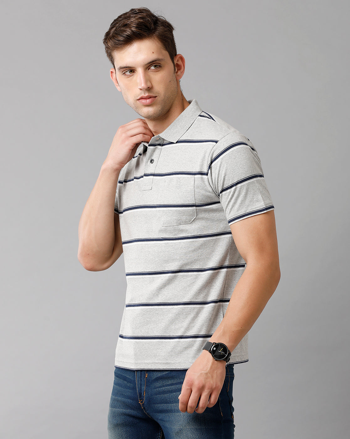 Classic Polo Mens Cotton Blend Striped Half Sleeve Authentic Fit Polo Neck Grey Color T-Shirt | Avon 502 B
