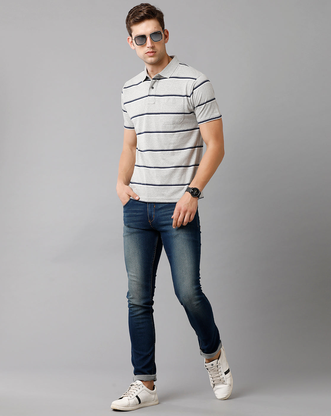 Classic Polo Mens Cotton Blend Striped Half Sleeve Authentic Fit Polo Neck Grey Color T-Shirt | Avon 502 B