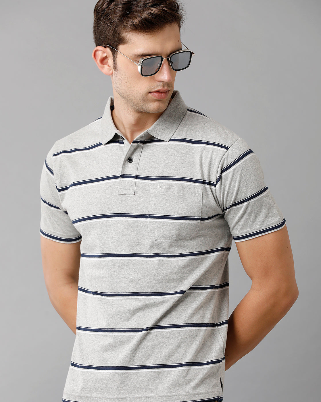 Classic Polo Mens Cotton Blend Striped Half Sleeve Authentic Fit Polo Neck Grey Color T-Shirt | Avon 502 B