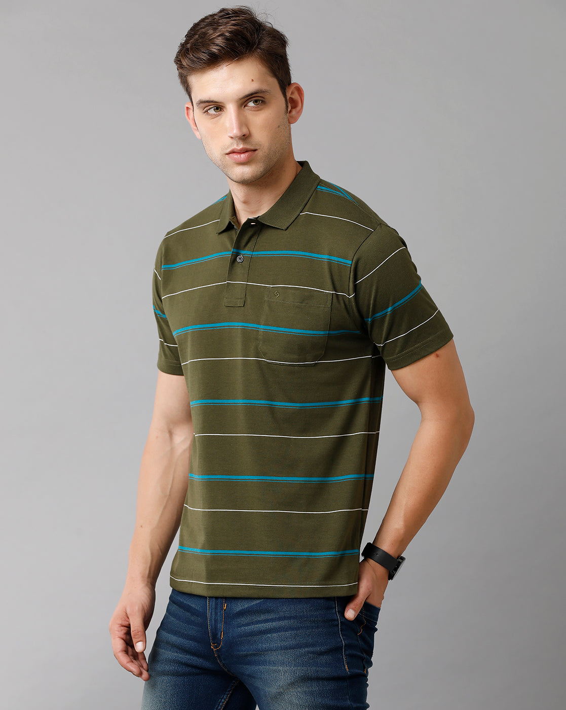 Classic Polo Mens Cotton Blend Striped Half Sleeve Authentic Fit Polo Neck Olive Color T-Shirt | Avon 500 B