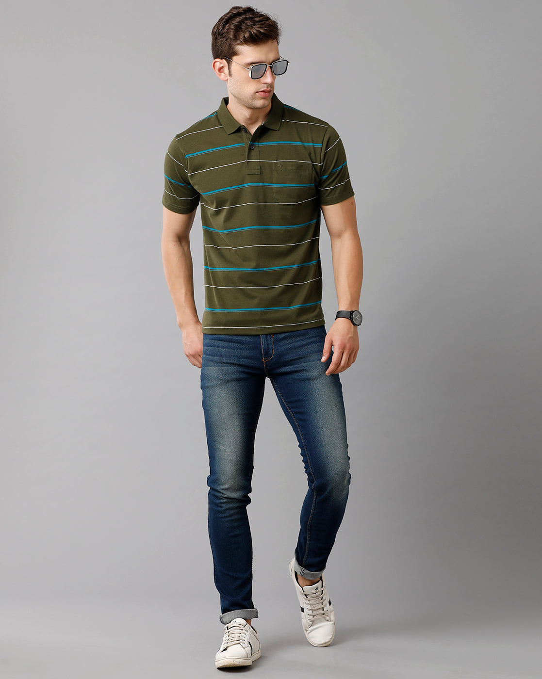 Classic Polo Mens Cotton Blend Striped Half Sleeve Authentic Fit Polo Neck Olive Color T-Shirt | Avon 500 B