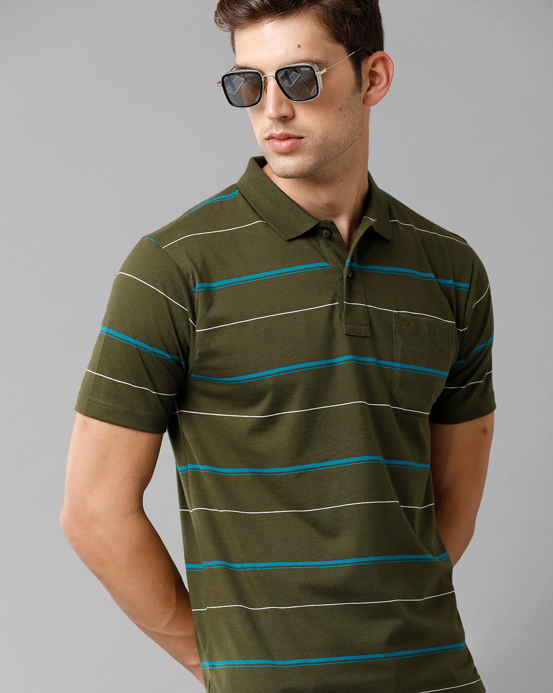 Classic Polo Mens Cotton Blend Striped Half Sleeve Authentic Fit Polo Neck Olive Color T-Shirt | Avon 500 B