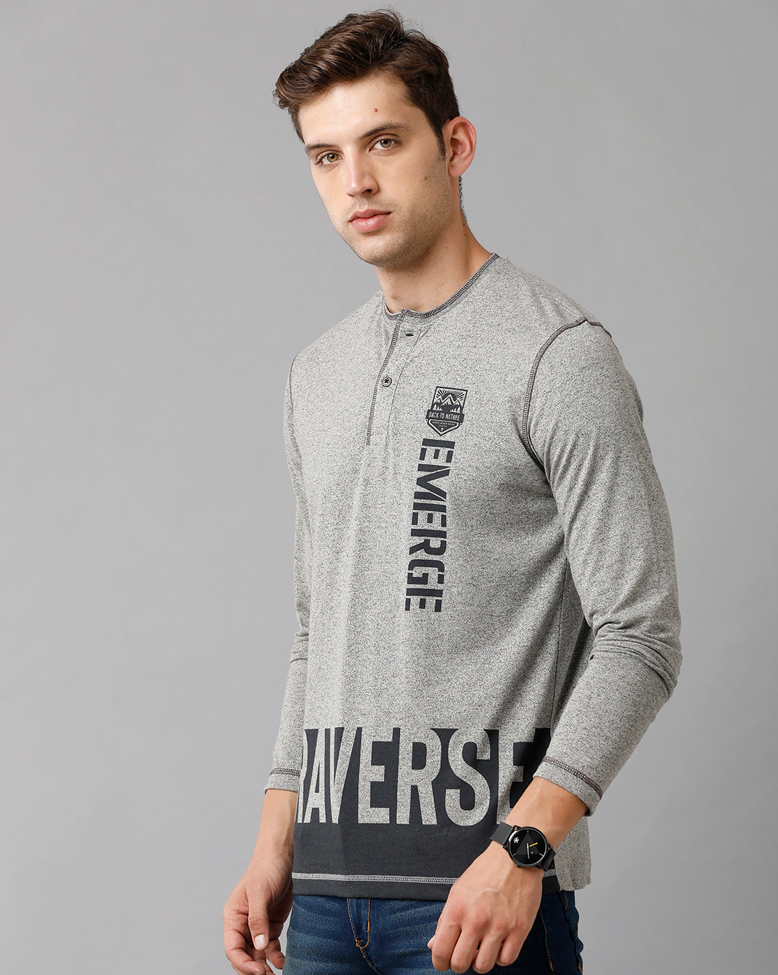 Classic Polo Mens Cotton Printed Full Sleeve Slim Fit Round Neck Grey Color T-Shirt | Baleno Fs 477 B