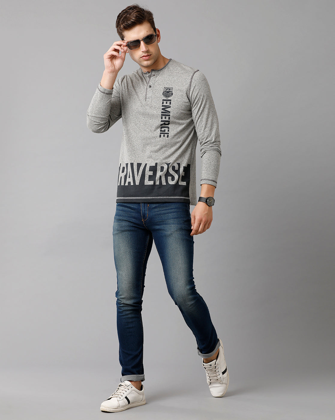 Classic Polo Mens Cotton Printed Full Sleeve Slim Fit Round Neck Grey Color T-Shirt | Baleno Fs 477 B