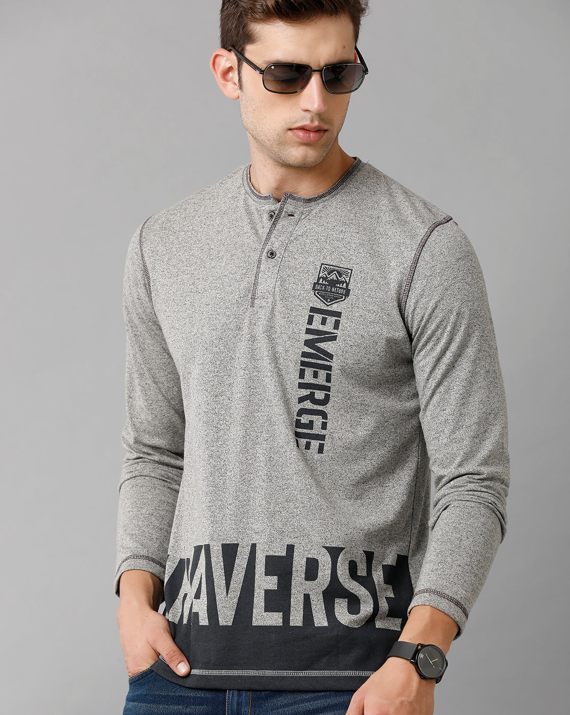 Classic Polo Mens Cotton Printed Full Sleeve Slim Fit Round Neck Grey Color T-Shirt | Baleno Fs 477 B