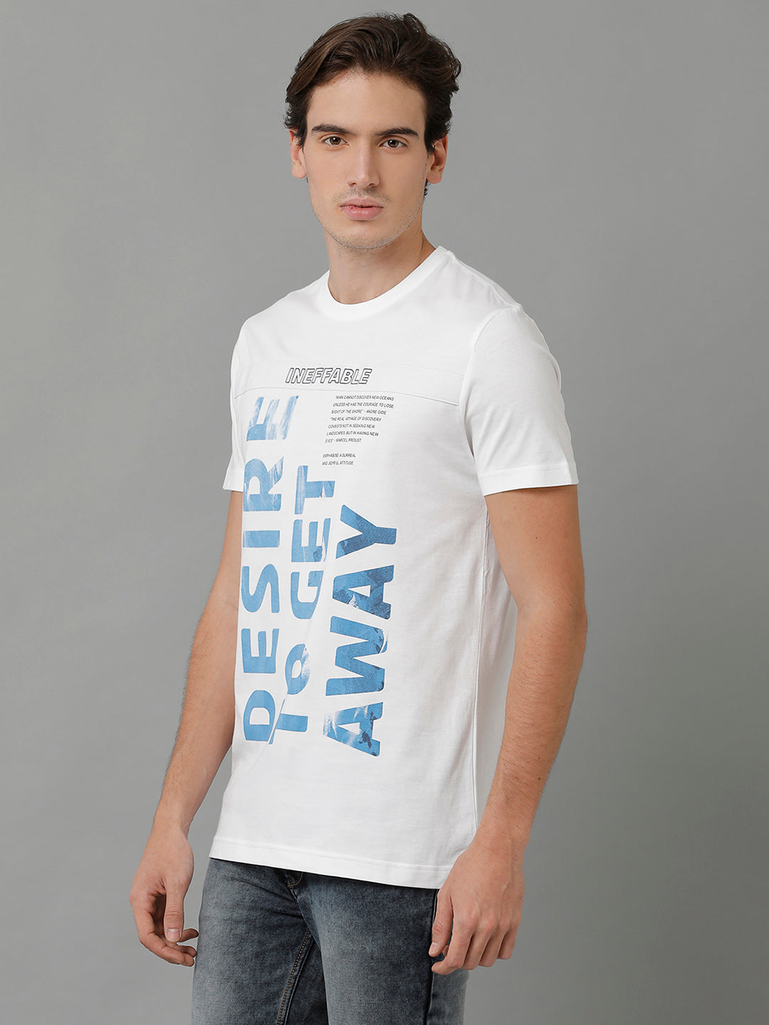 Classic Polo Men's Cotton Printed Half Sleeve Slim Fit Round Neck White Color T-Shirt | Baleno - 501 B