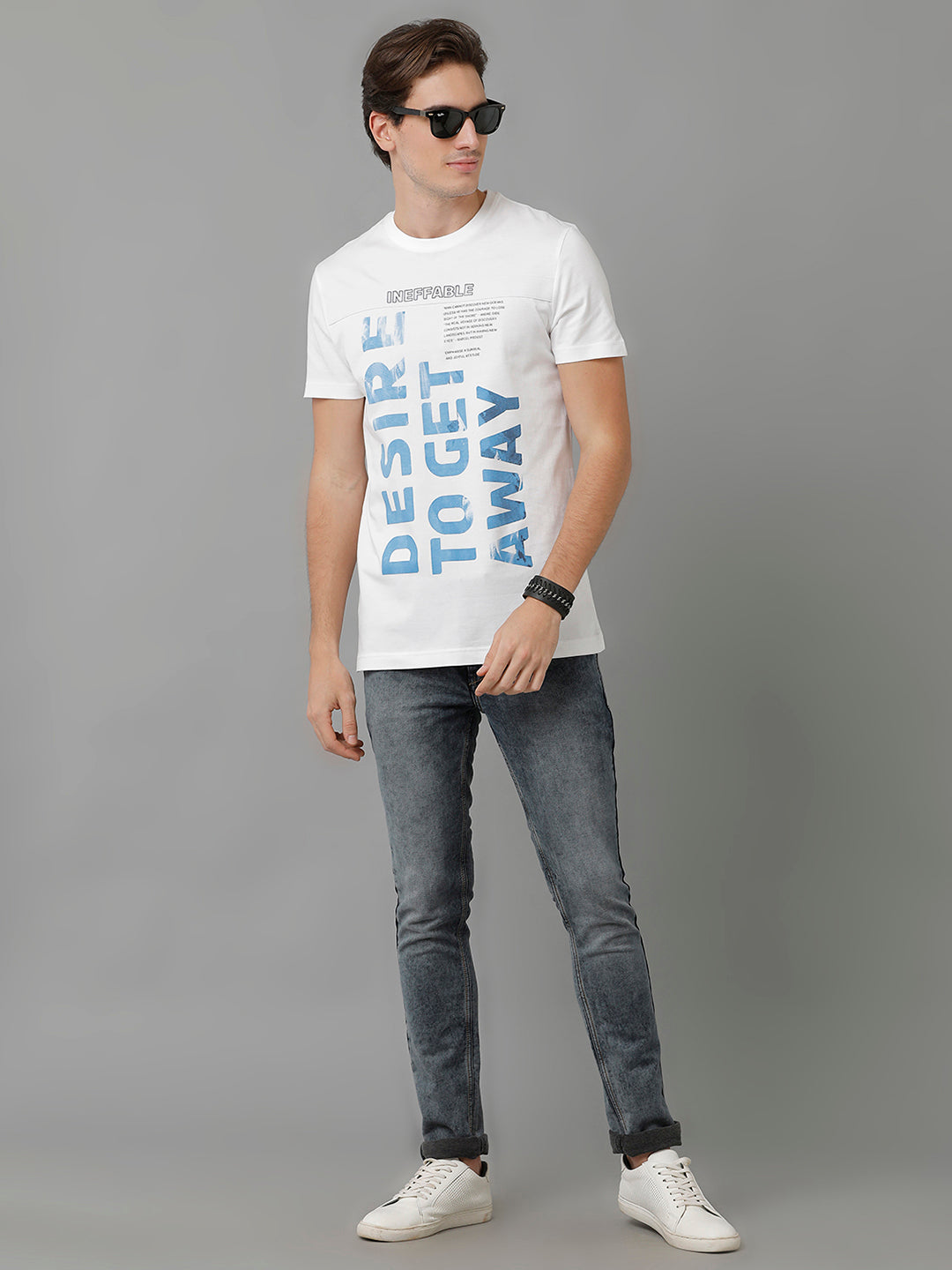Classic Polo Men's Cotton Printed Half Sleeve Slim Fit Round Neck White Color T-Shirt | Baleno - 501 B