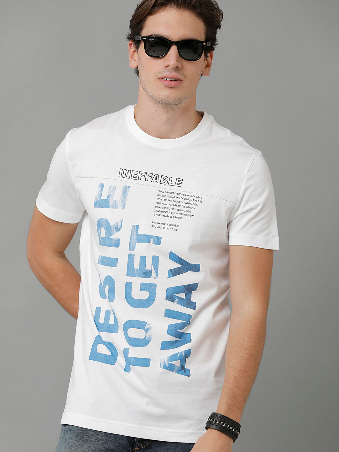 Classic Polo Men's Cotton Printed Half Sleeve Slim Fit Round Neck White Color T-Shirt | Baleno - 501 B