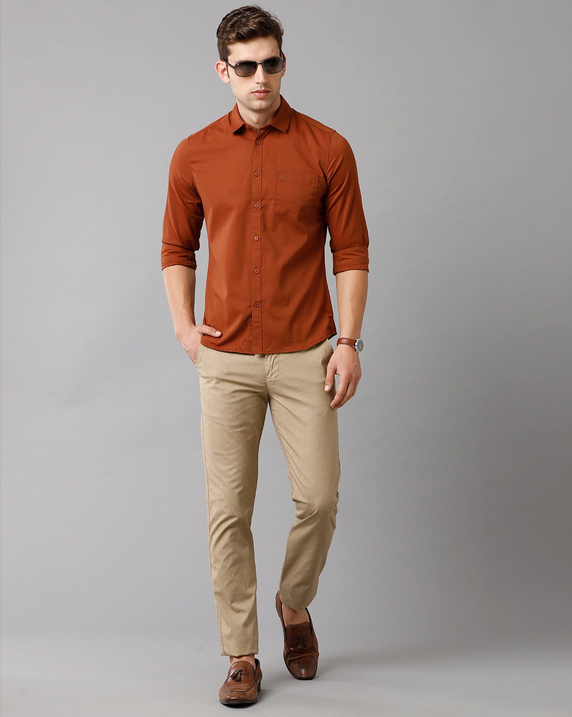 CP BRO Men's Cotton Solid Full Sleeve Slim Fit Polo Neck Brown Color Shirt | Sbn2 74 A