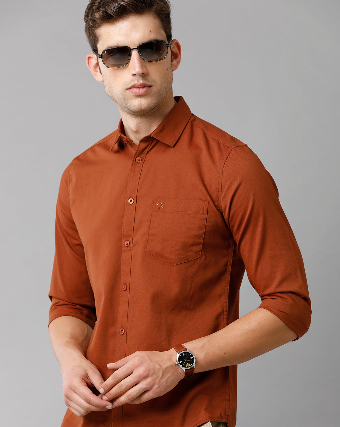 CP BRO Men's Cotton Solid Full Sleeve Slim Fit Polo Neck Brown Color Shirt | Sbn2 74 A