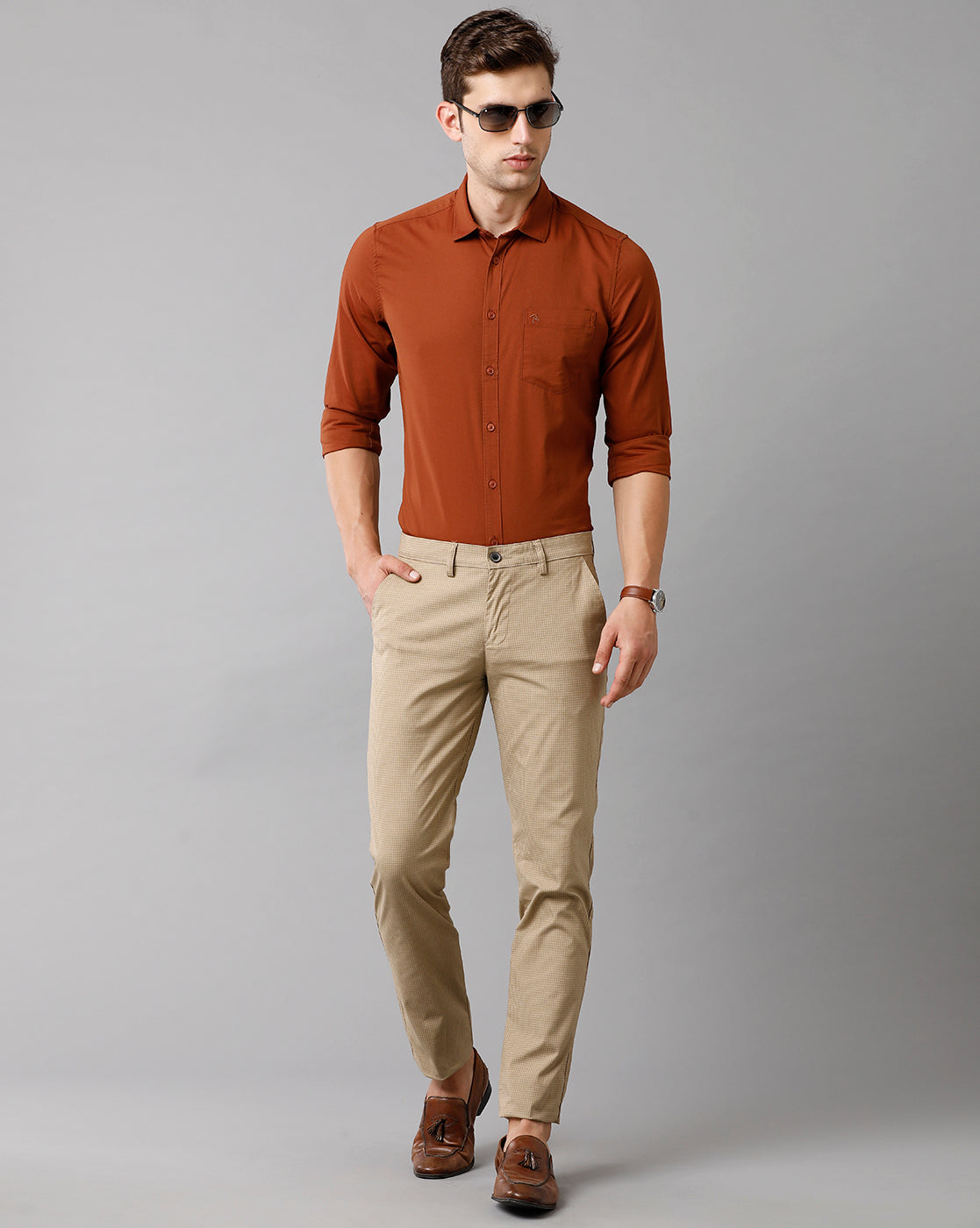 CP BRO Men's Cotton Checked Slim Fit Khaki Color Trouser | Tbn2 11 A