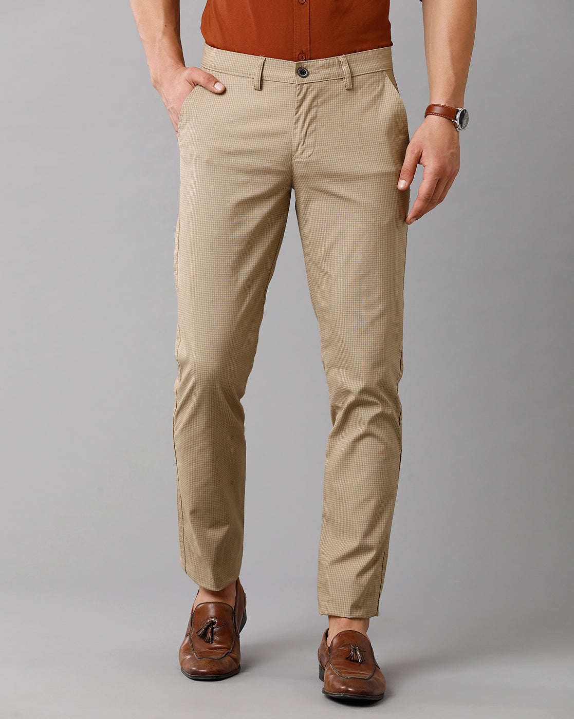CP BRO Men's Cotton Checked Slim Fit Khaki Color Trouser | Tbn2 11 A