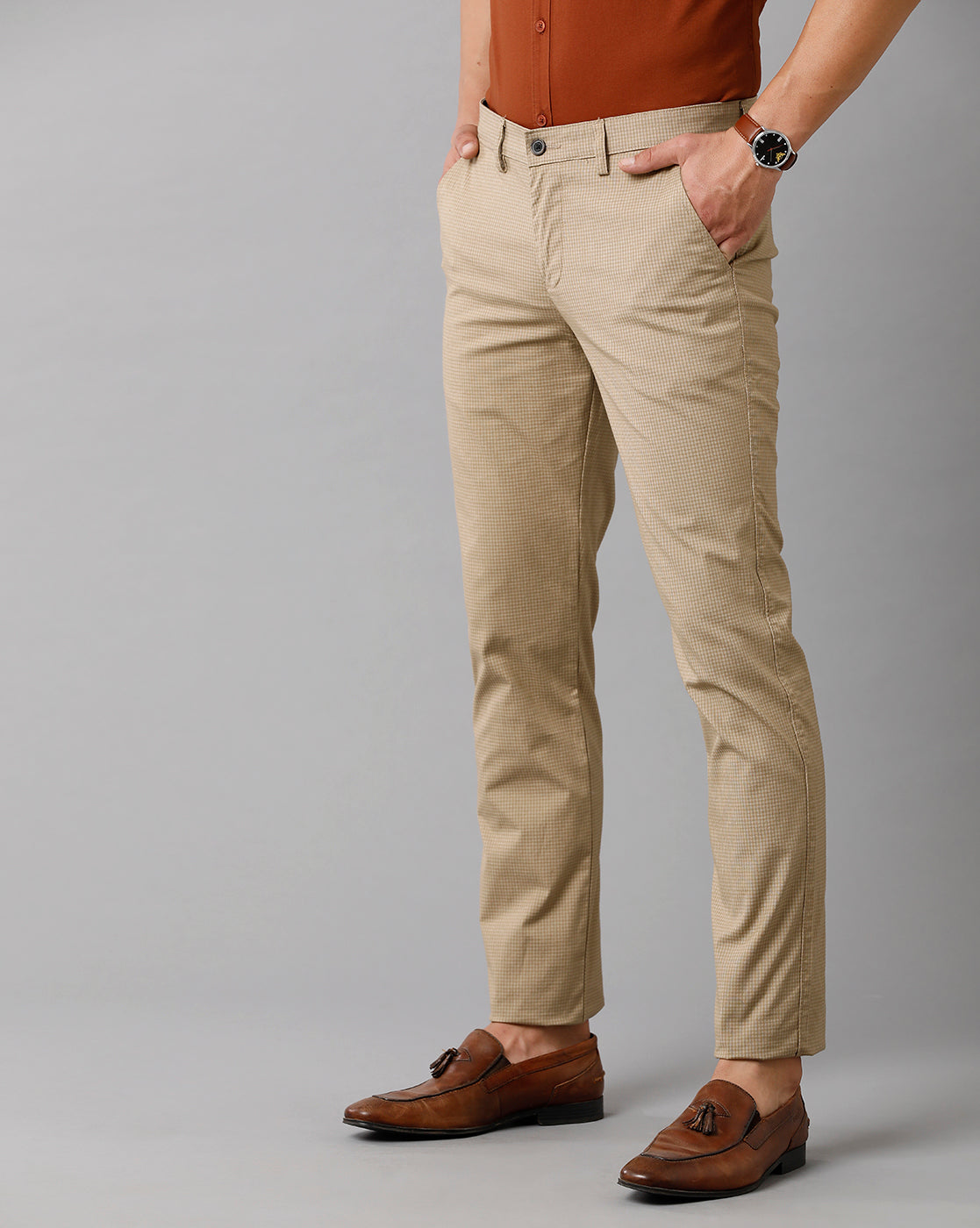 CP BRO Men's Cotton Checked Slim Fit Khaki Color Trouser | Tbn2 11 A