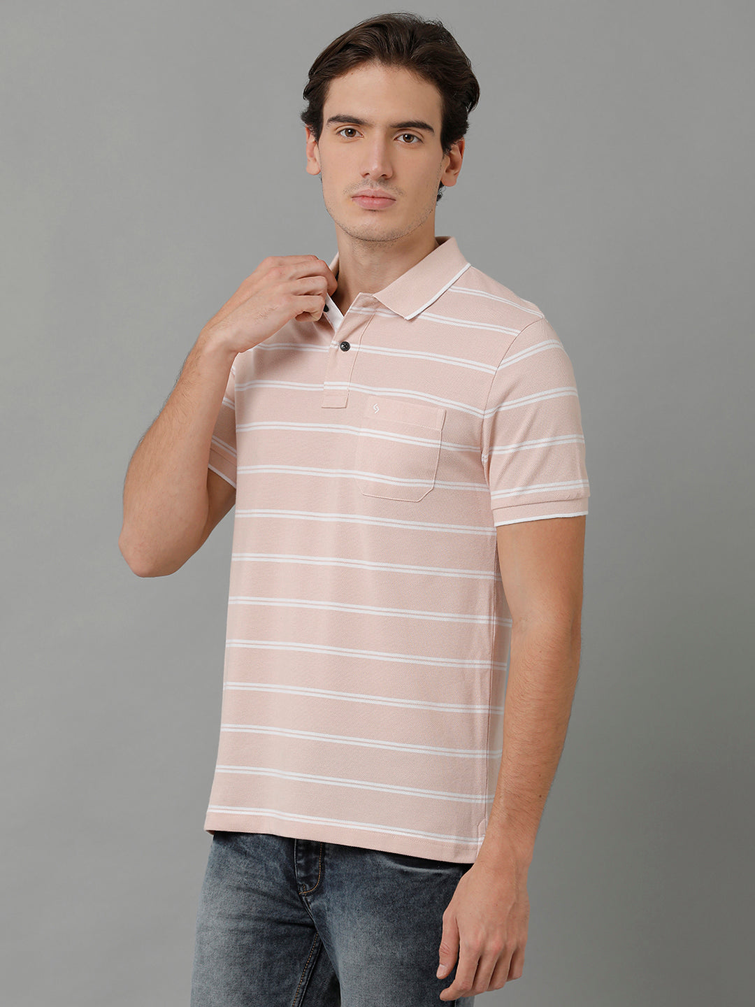 Classic Polo Men's Cotton Blend Striped Half Sleeve Slim Fit Polo Neck Cream Color T-Shirt | Adore - 199 B