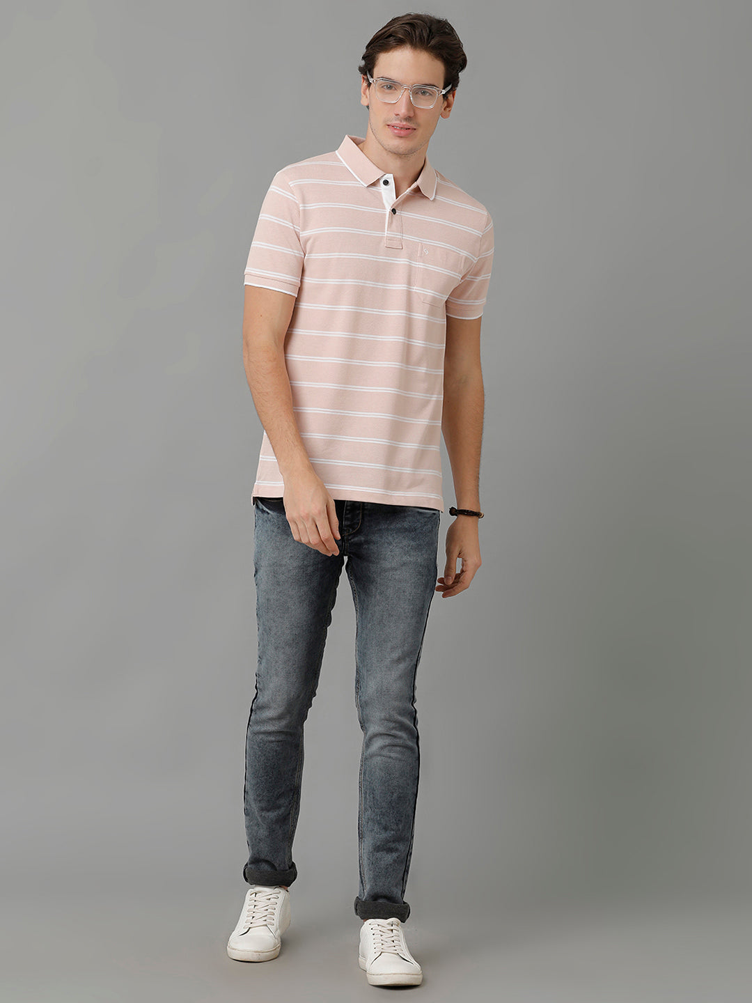 Classic Polo Men's Cotton Blend Striped Half Sleeve Slim Fit Polo Neck Cream Color T-Shirt | Adore - 199 B