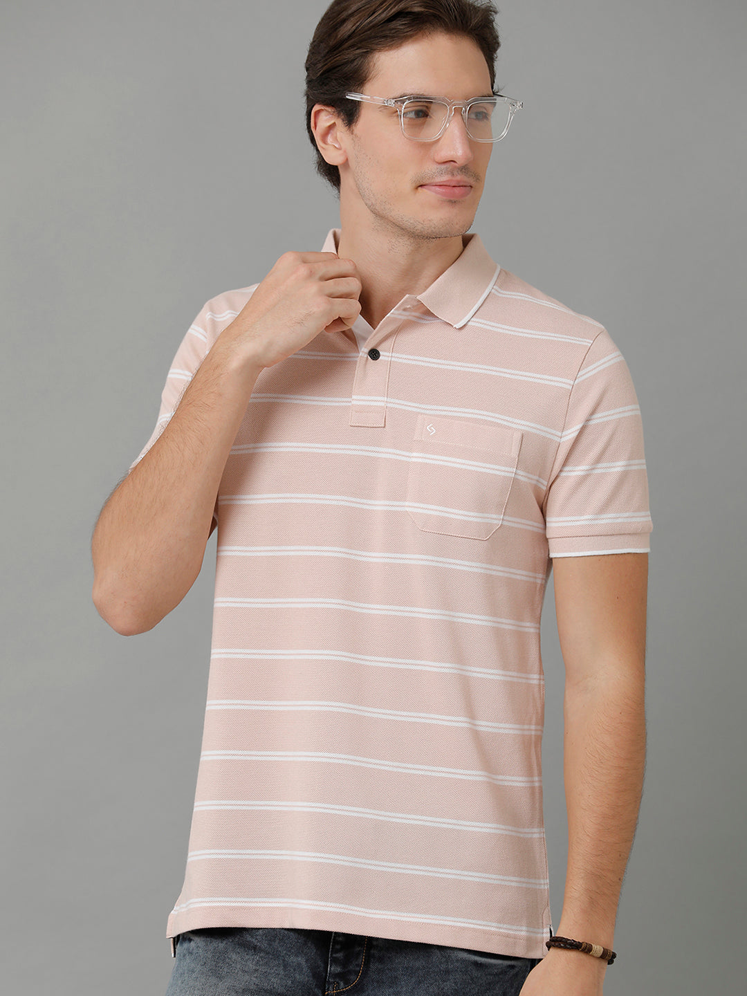 Classic Polo Men's Cotton Blend Striped Half Sleeve Slim Fit Polo Neck Cream Color T-Shirt | Adore - 199 B